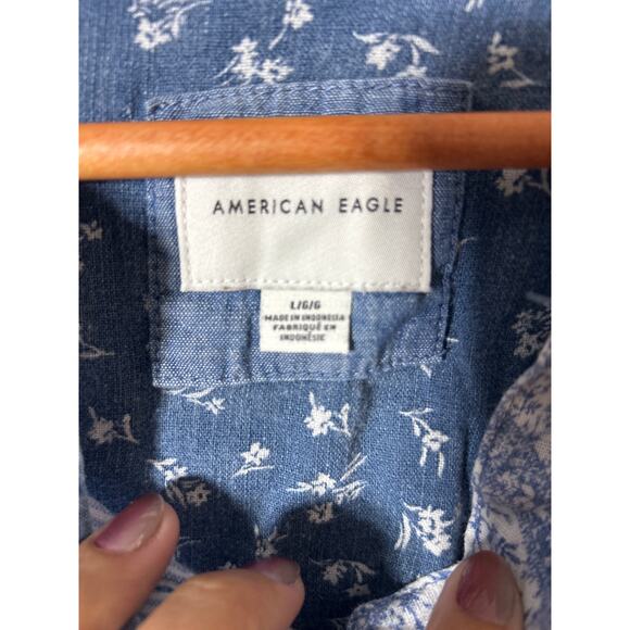 American Eagle Button Up Large Denim Look Floral Patchwork Cotton Linen - Picture 6 of 10